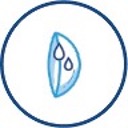 A grey circle icon with a contact lens in the middle with droplets of water that reads PROPRIETARY EMBEDDED WETTING AGENT