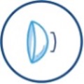 A grey circle icon with a contact lens in the middle that reads HYBRID BACK-CURVE TECHNOLOGY